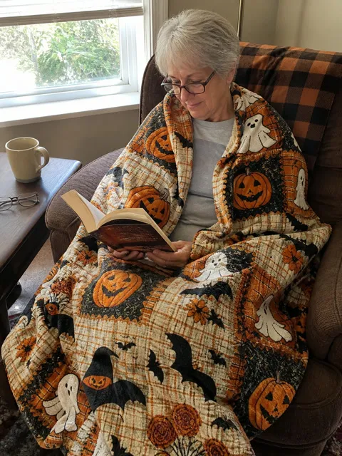 Reader relaxing with a Halloween patchwork throw