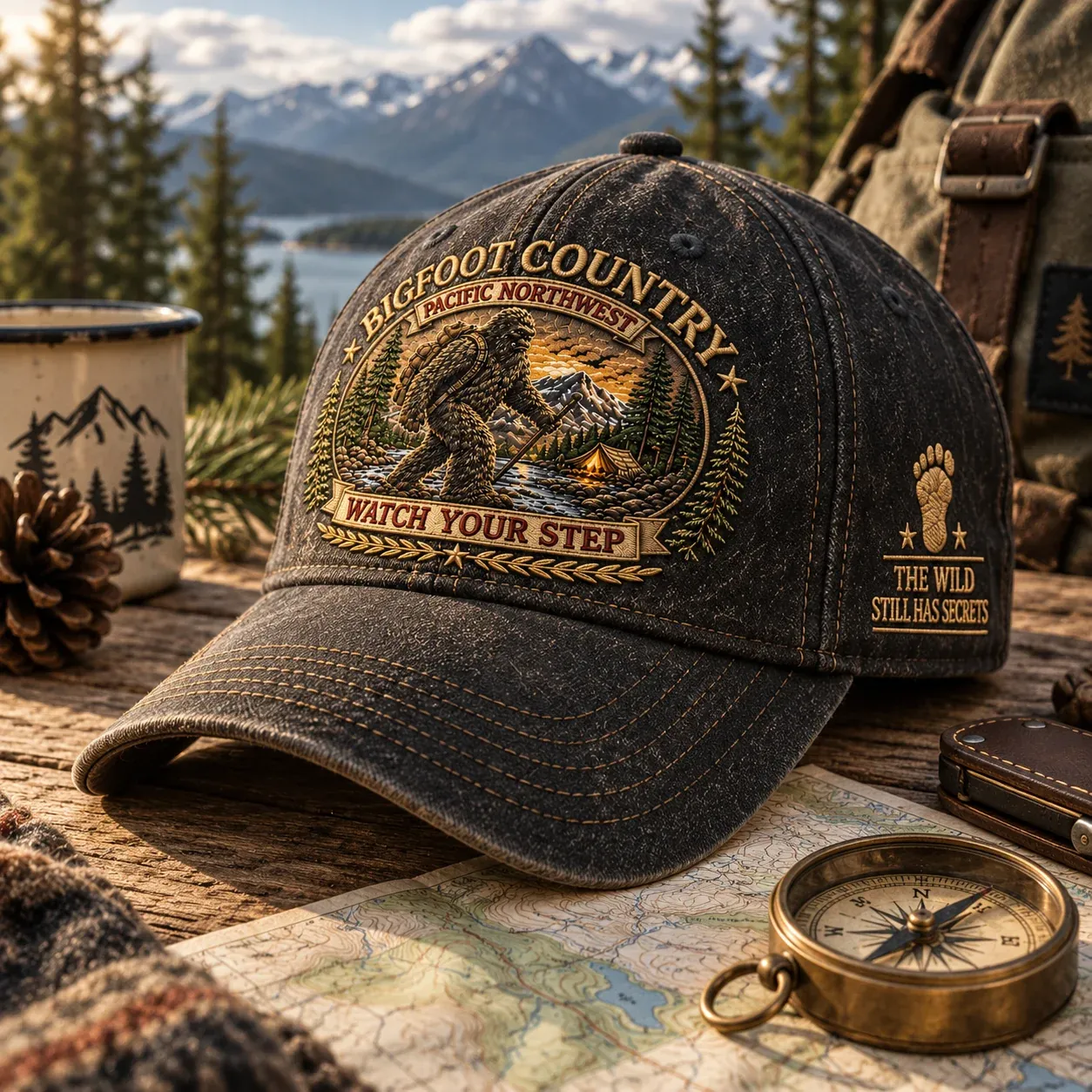 Bigfoot Country cap with outdoor map and compass